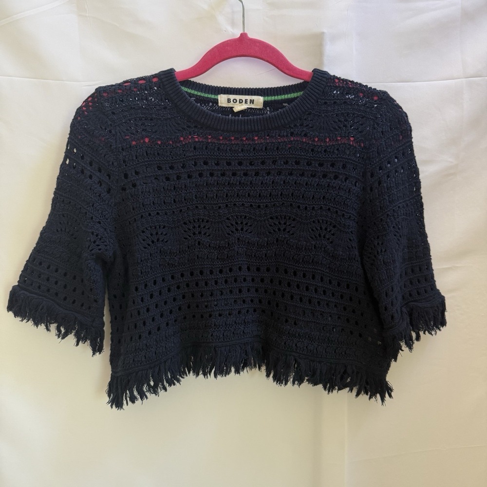 Boden Womens M Crochet Knit Fringe Crop Top Navy Blue Cotton Boho Swim Cover